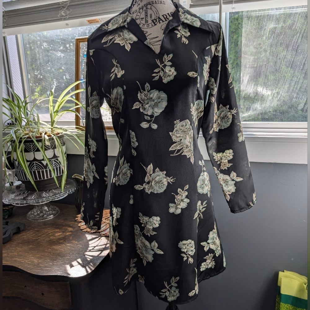 Vintage Blue Floral Babydoll Mini Dress Size Small